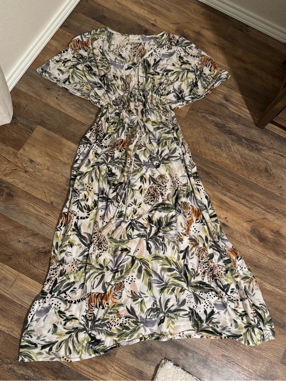 World Market Tropical Leaf & Tiger Print Maxi Dress - Green/White